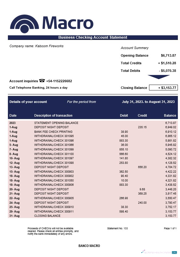 Download Banco Macro organization checking account statement Word and PDF template Photoshop template